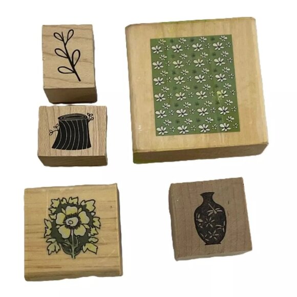 RUBBER STAMPS Wooden Block Mixed Lot 5 Floral Stamps Nature Cards Crafts Scrapbo - Picture 1 of 13